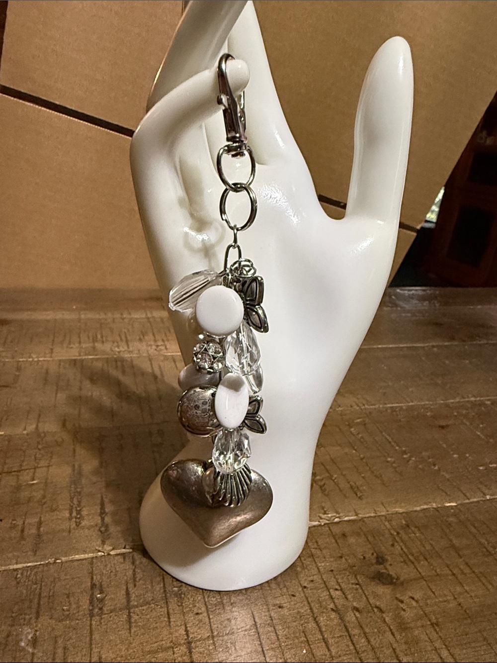 Silver Heart Charm Keychain with Clear Beads